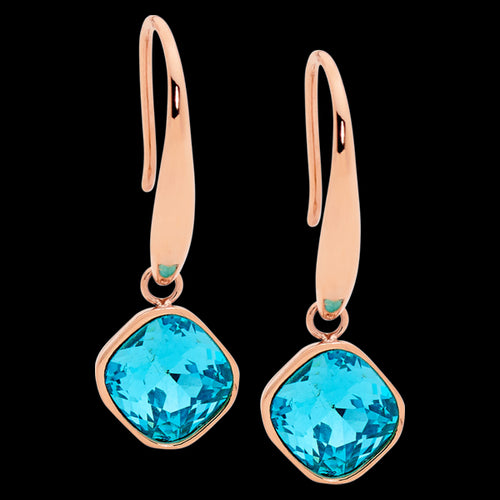 ELLANI STAINLESS STEEL ROSE GOLD AQUA GLASS SQUARE DROP EARRINGS