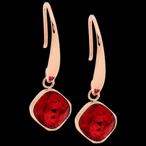 ELLANI STAINLESS STEEL ROSE GOLD RUBY RED GLASS SQUARE DROP EARRINGS