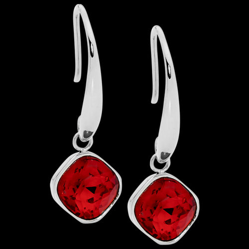 ELLANI STAINLESS STEEL RUBY RED GLASS SQUARE DROP EARRINGS