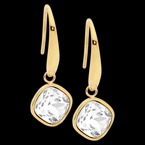 ELLANI STAINLESS STEEL GOLD CLEAR GLASS SQUARE DROP EARRINGS
