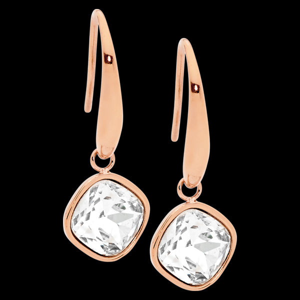 ELLANI STAINLESS STEEL ROSE GOLD CLEAR GLASS SQUARE DROP EARRINGS