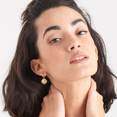 ANIA HAIE GOLD DIGGER VICTORY GODDESS DROP HOOP EARRINGS - MODEL VIEW