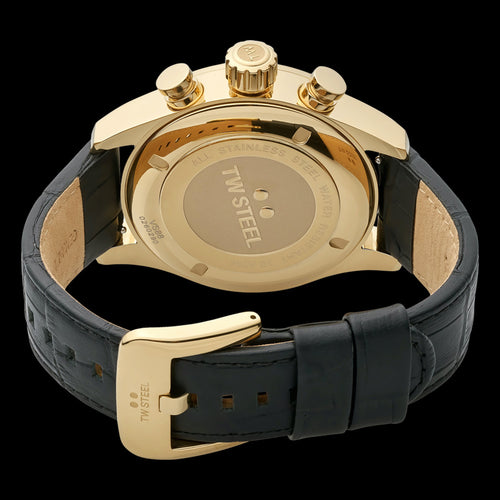 TW STEEL VOLANTE GOLD BLACK DIAL NUMBERS CHRONO BLACK LEATHER WATCH VS88L - BACK VIEW