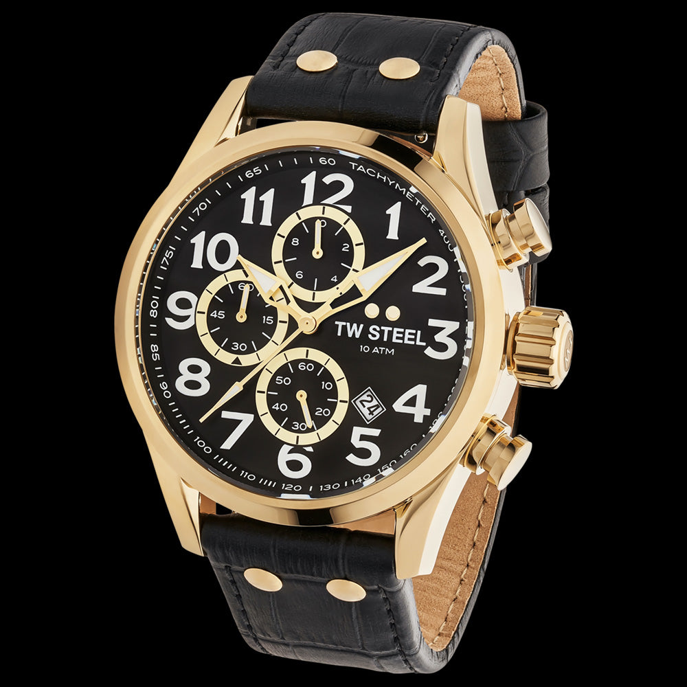 TW STEEL VOLANTE GOLD BLACK DIAL NUMBERS CHRONO BLACK LEATHER WATCH VS88L - TILT VIEW