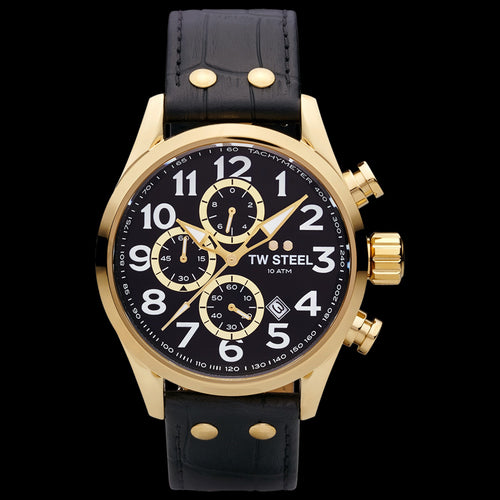 TW STEEL VOLANTE GOLD BLACK DIAL NUMBERS CHRONO BLACK LEATHER WATCH VS88L