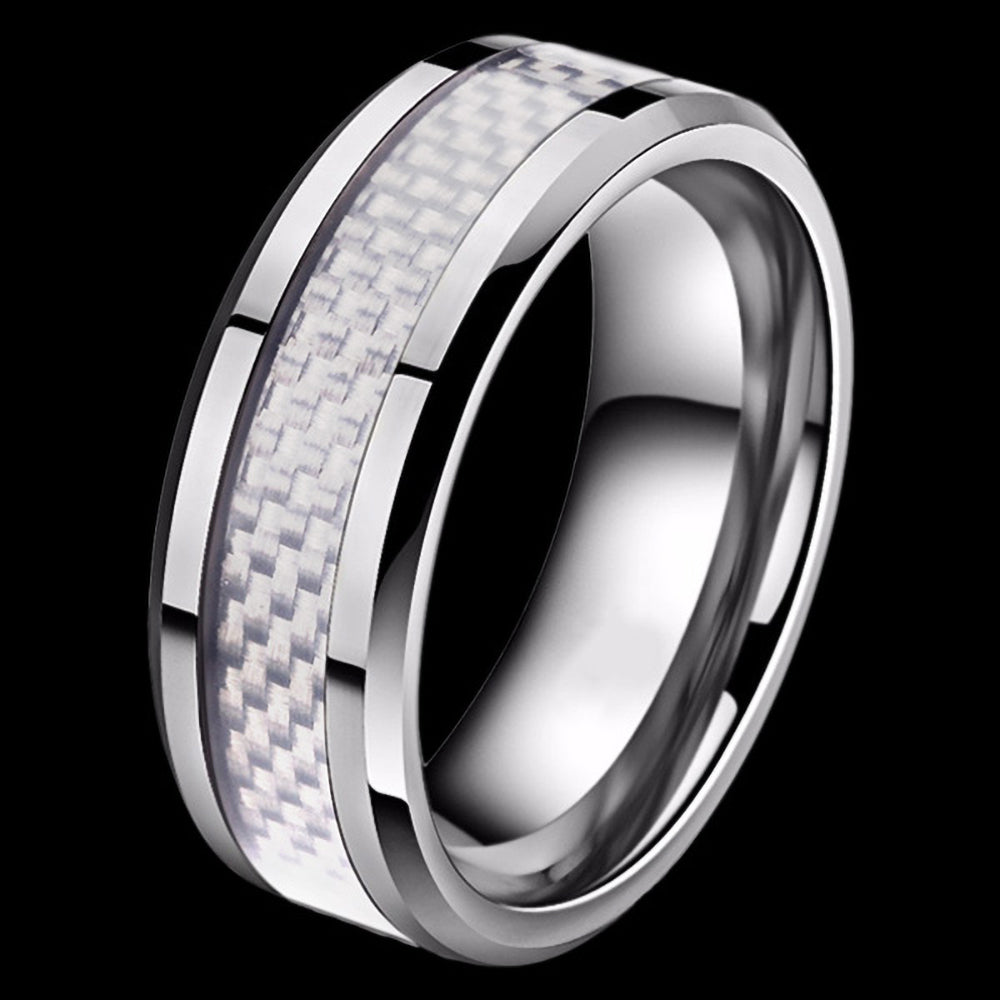 STAINLESS STEEL MEN'S 8MM LIGHT GREY CARBON FIBRE INLAY RING