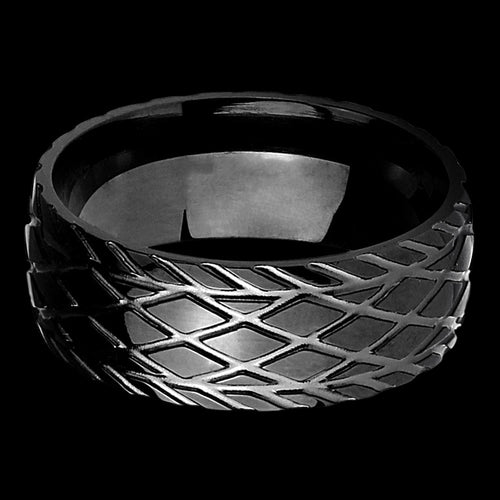 STAINLESS STEEL MEN'S 8MM TYRE PATTERN BLACK IP RING - TOP VIEW
