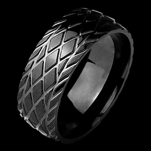 STAINLESS STEEL MEN'S 8MM TYRE PATTERN BLACK IP RING