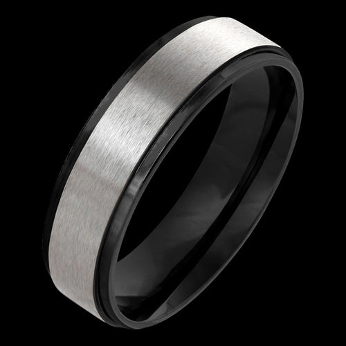 STAINLESS STEEL MEN'S 6MM MATT FINISH TWO-TONE BLACK IP STEP EDGE RING