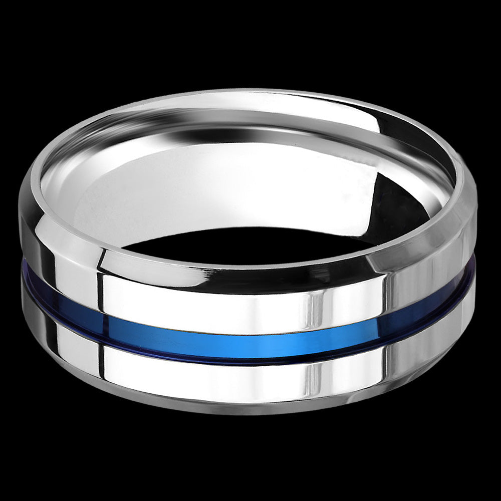 STAINLESS STEEL MEN'S 8MM BLUE IP CHANNEL RING - FRONT VIEW