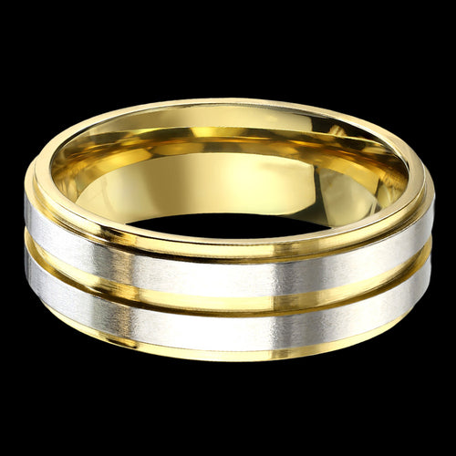 STAINLESS STEEL MEN'S 8MM GOLD IP TWO-TONE DUAL CHANNEL RING - FRONT VIEW