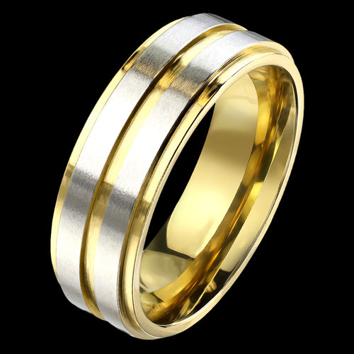 STAINLESS STEEL MEN'S 8MM GOLD IP TWO-TONE DUAL CHANNEL RING