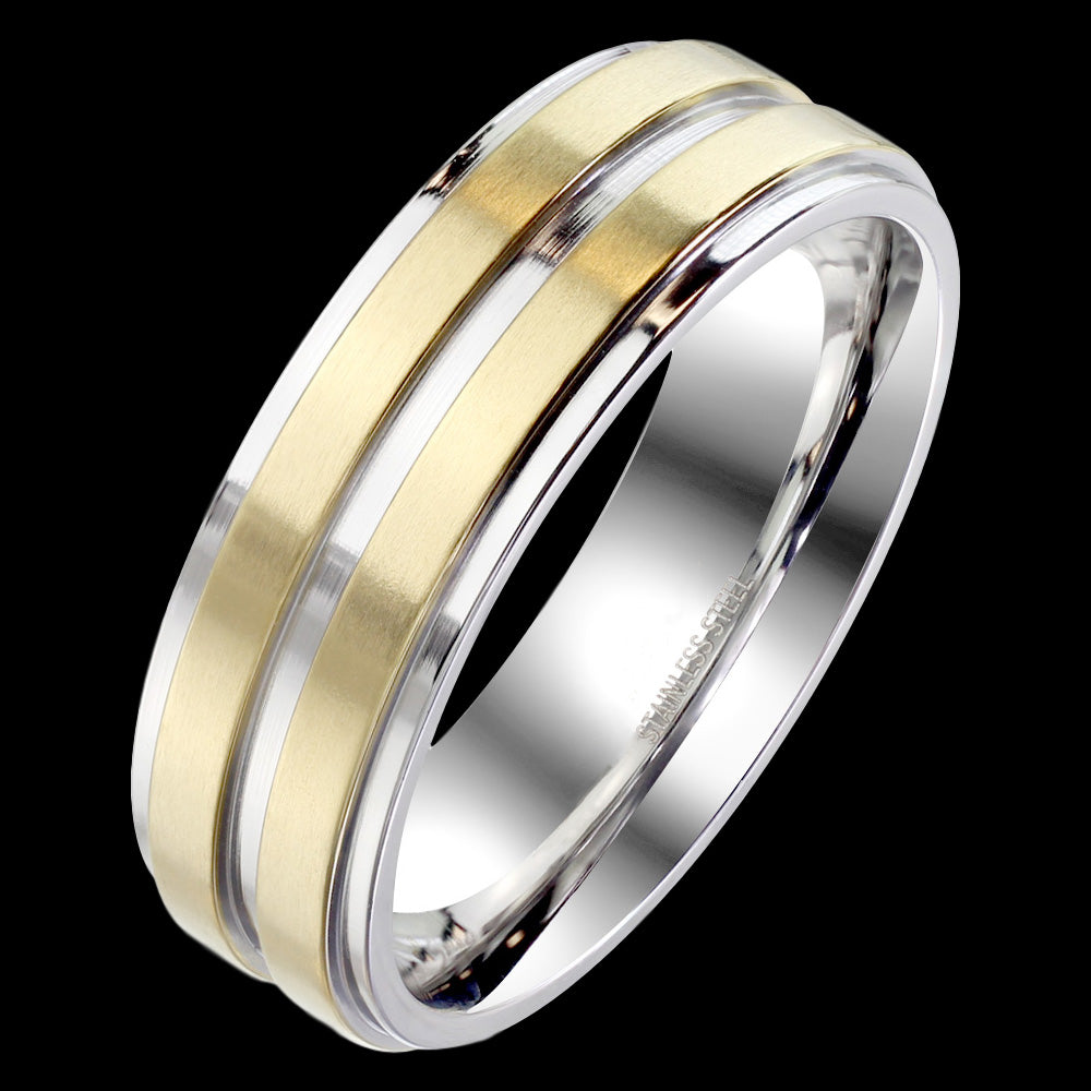 STAINLESS STEEL MEN'S 8MM GOLD IP DUAL CHANNEL RING