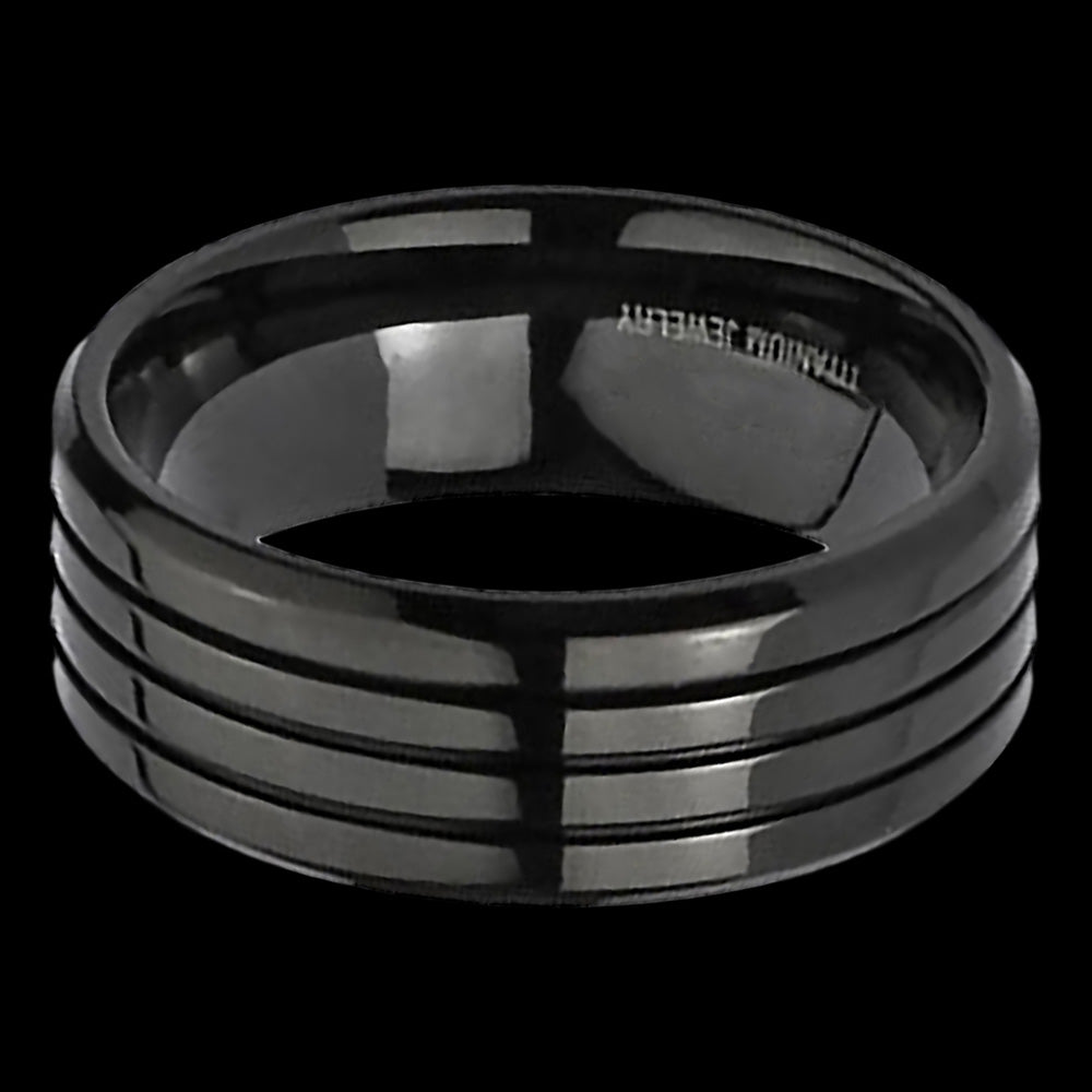 TITANIUM MEN'S 8MM MULTI CHANNEL BLACK IP RING - FRONT VIEW