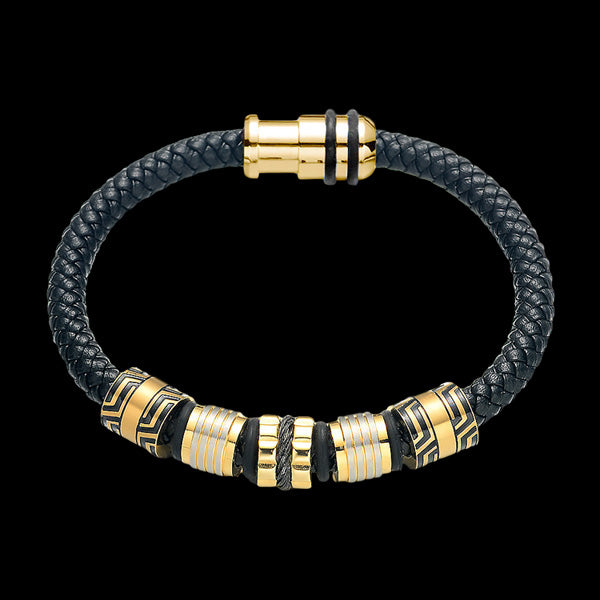 MAXIMAN HELIOS BLACK LEATHER MEN'S GOLD BEAD BRACELET