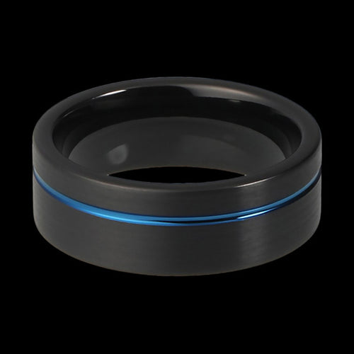 MAXIMAN ORBIT BLUE 8MM BLACK MEN'S TUNGSTEN CARBIDE RING - TOP VIEW