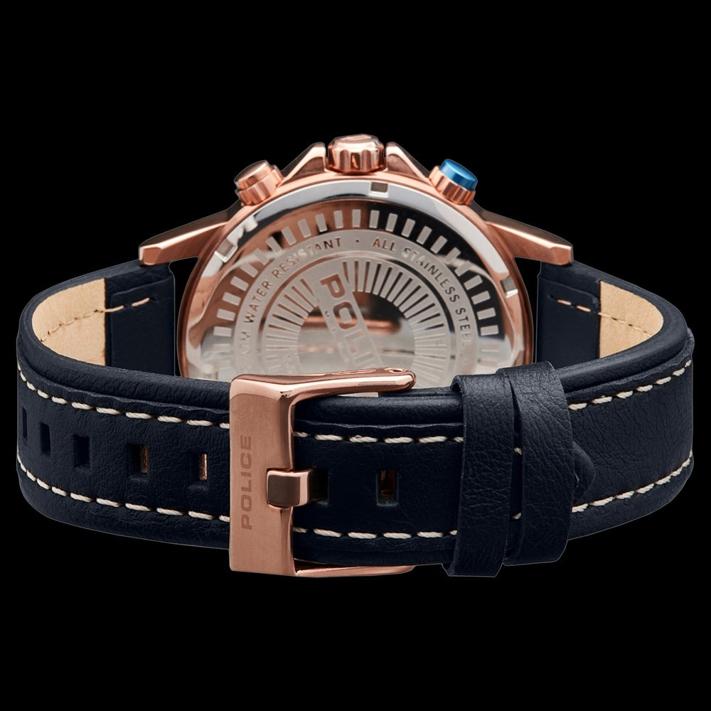 POLICE MEN'S EASTON ROSE GOLD BLACK LEATHER WATCH - BACK VIEW