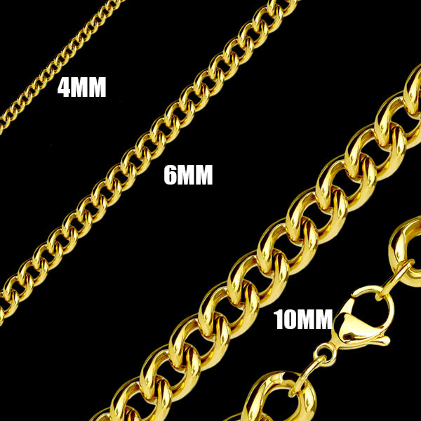STAINLESS STEEL GOLD IP MEN'S CURB CHAIN 58CM NECKLACE | 10MM | 6MM | 4MM