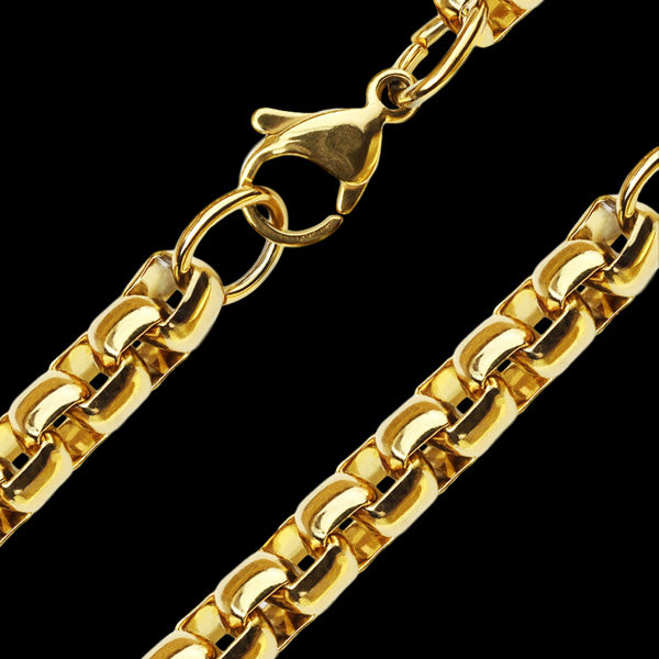 STAINLESS STEEL GOLD IP 6MM MEN'S ROUND BOX CHAIN 49CM NECKLACE | CLOSE UP
