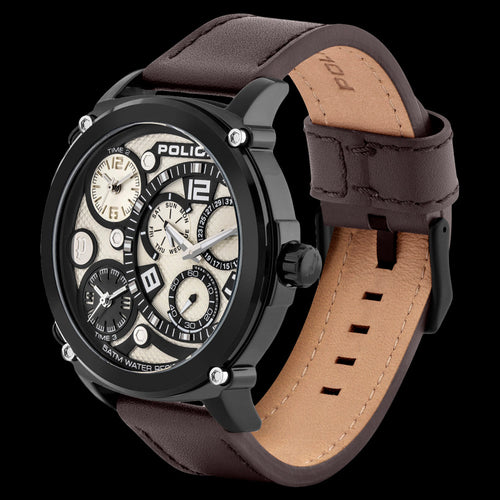 POLICE MEN'S TITAN BLACK DIAL DARK BROWN LEATHER WATCH - TILT VIEW