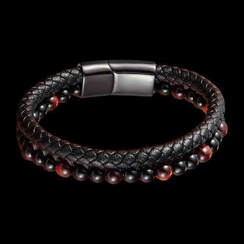 MAXIMAN FURNACE RED TIGER EYE MEN'S BLACK LEATHER BRACELET - SIDE VIEW