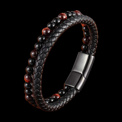 MAXIMAN FURNACE RED TIGER EYE MEN'S BLACK LEATHER BRACELET