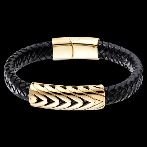 MAXIMAN CHEVRON GOLD MEN'S BLACK LEATHER BRACELET - TOP VIEW