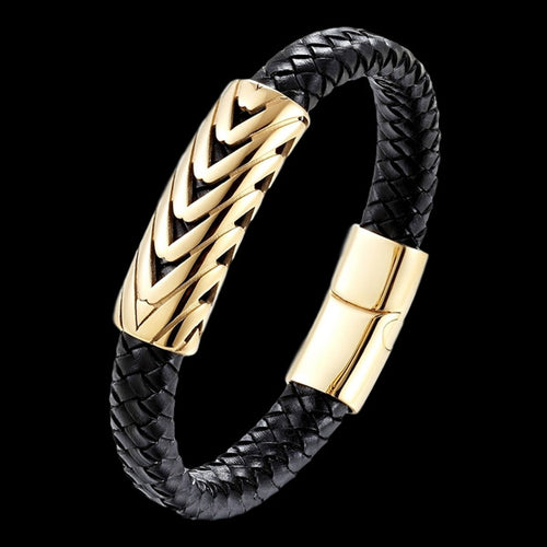 MAXIMAN CHEVRON GOLD MEN'S BLACK LEATHER BRACELET