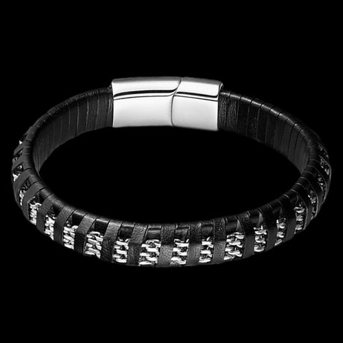 MAXIMAN ENDURE SILVER MEN'S BLACK LEATHER BRACELET - SIDE VIEW