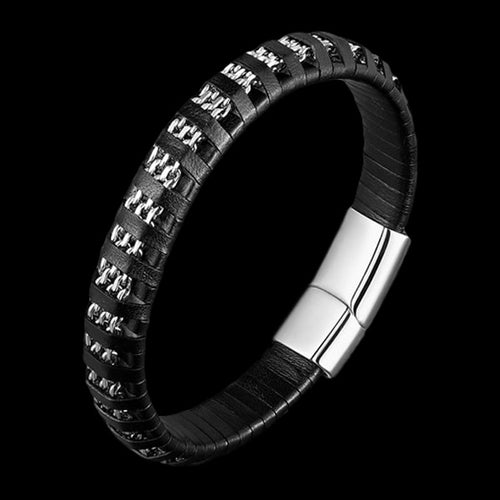 MAXIMAN ENDURE SILVER MEN'S BLACK LEATHER BRACELET