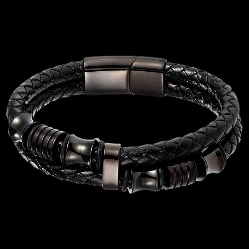 MAXIMAN MECHANISM MEN'S BLACK LEATHER BRACELET - TOP VIEW