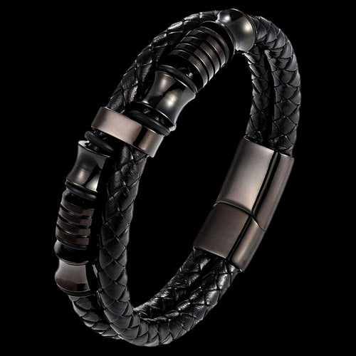 MAXIMAN MECHANISM MEN'S BLACK LEATHER BRACELET