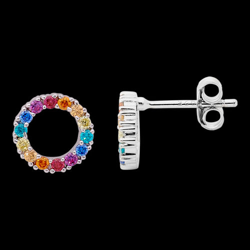 ELLANI STERLING SILVER 9MM RAINBOW CZ OPEN CIRCLE EARRINGS 