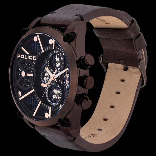 POLICE MEN'S VIGOR BLUE DIAL BROWN LEATHER WATCH - TILT VIEW