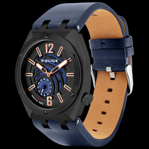 POLICE MEN'S GOBUSTAN BLACK IP BLUE LEATHER WATCH - TILT VIEW