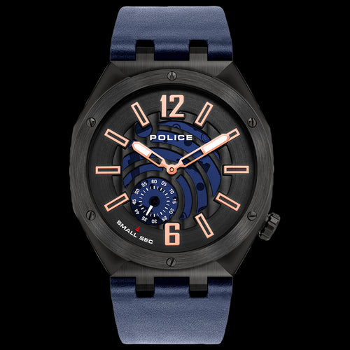 POLICE GOBUSTAN BLACK IP BLUE LEATHER WATCH | AUSTRALIA