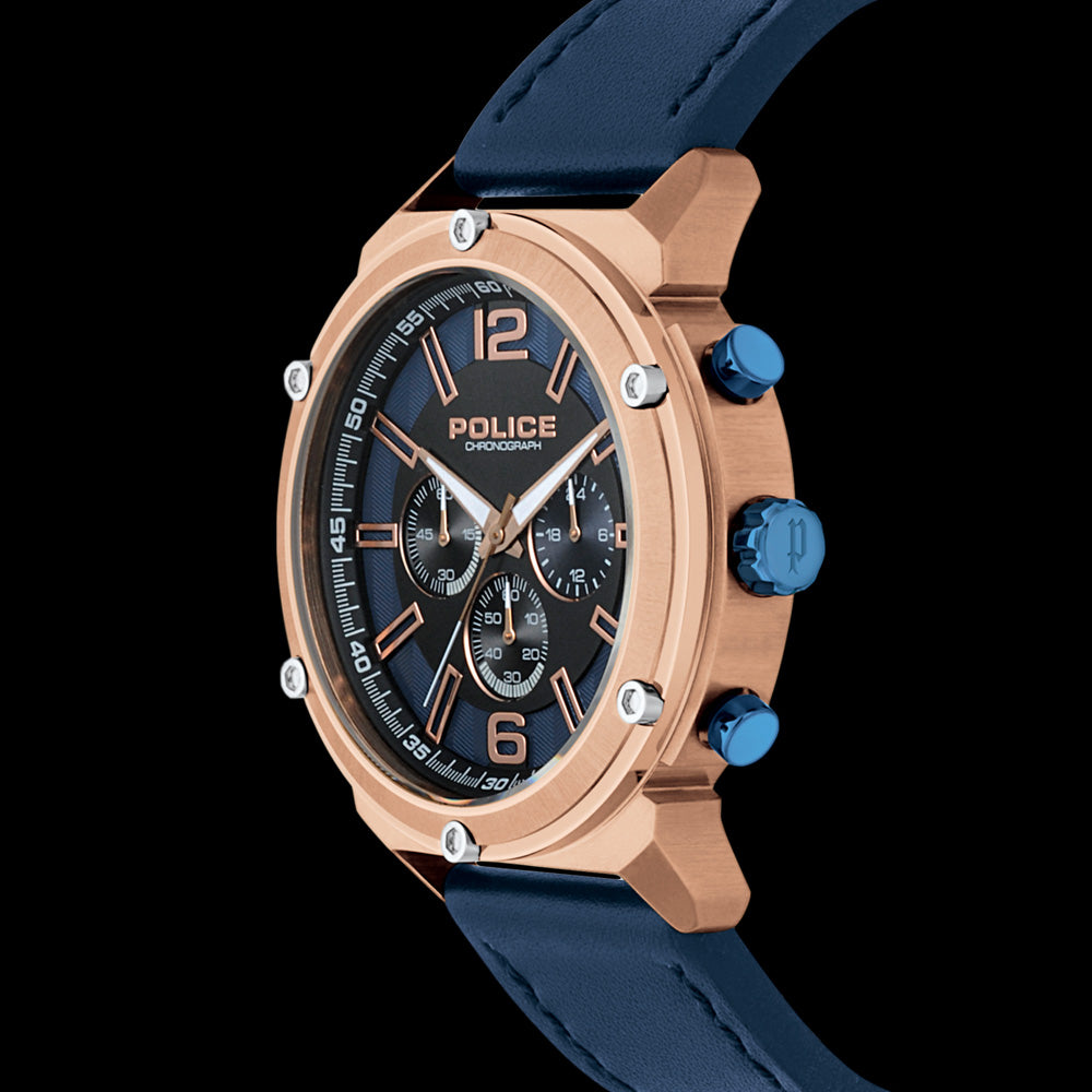 POLICE MEN'S BREMEN ROSE GOLD BLUE LEATHER WATCH - SIDE VIEW