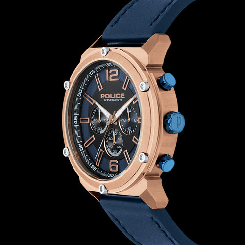 POLICE MEN'S BREMEN ROSE GOLD BLUE LEATHER WATCH - SIDE VIEW