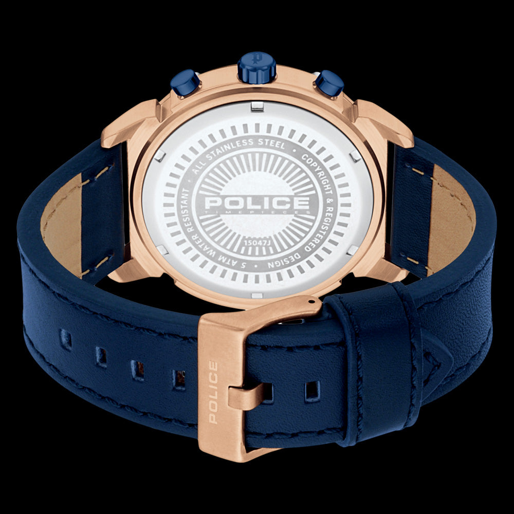 POLICE MEN'S BREMEN ROSE GOLD BLUE LEATHER WATCH - BACK VIEW