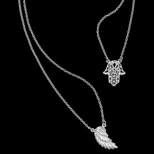 ENGELSRUFER SILVER WING HAND OF FATIMA CHARM NECKLACE - CLOSE UP