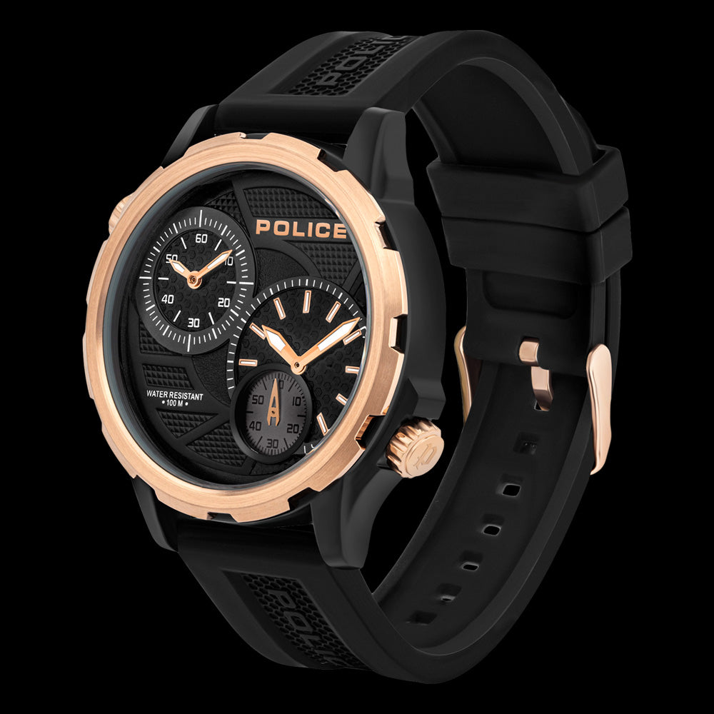 POLICE MEN'S QUITO ROSE GOLD BLACK SILICONE WATCH - TILT VIEW