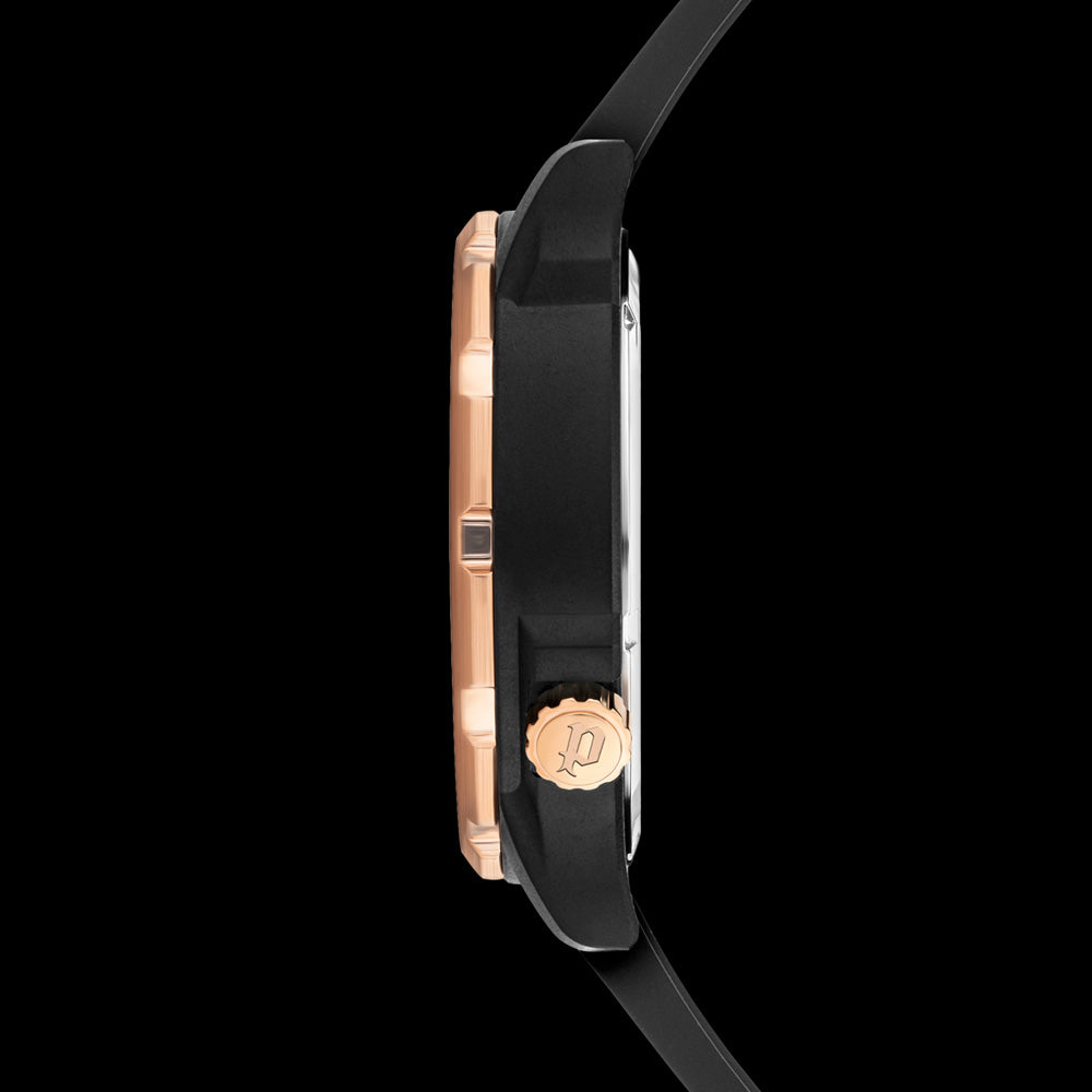 POLICE MEN'S QUITO ROSE GOLD BLACK SILICONE WATCH - SIDE VIEW