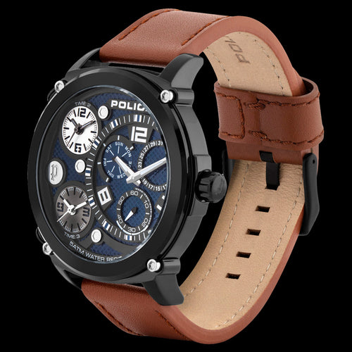 POLICE MEN'S TITAN BLUE DIAL TAN LEATHER WATCH - TILT VIEW