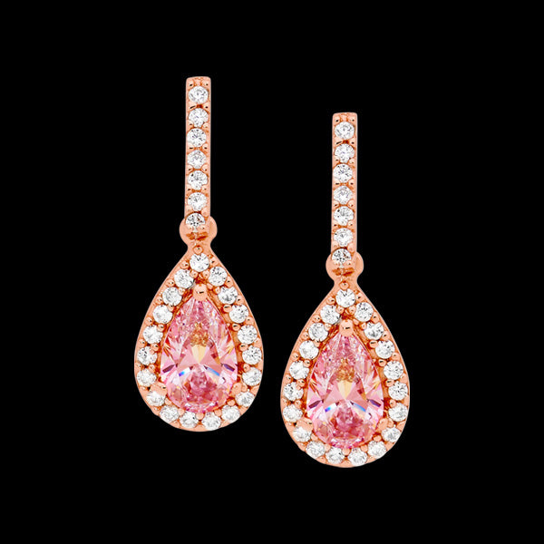 ELLANI STERLING SILVER ROSE GOLD PEAR MORGANITE CZ PAVE EARRINGS