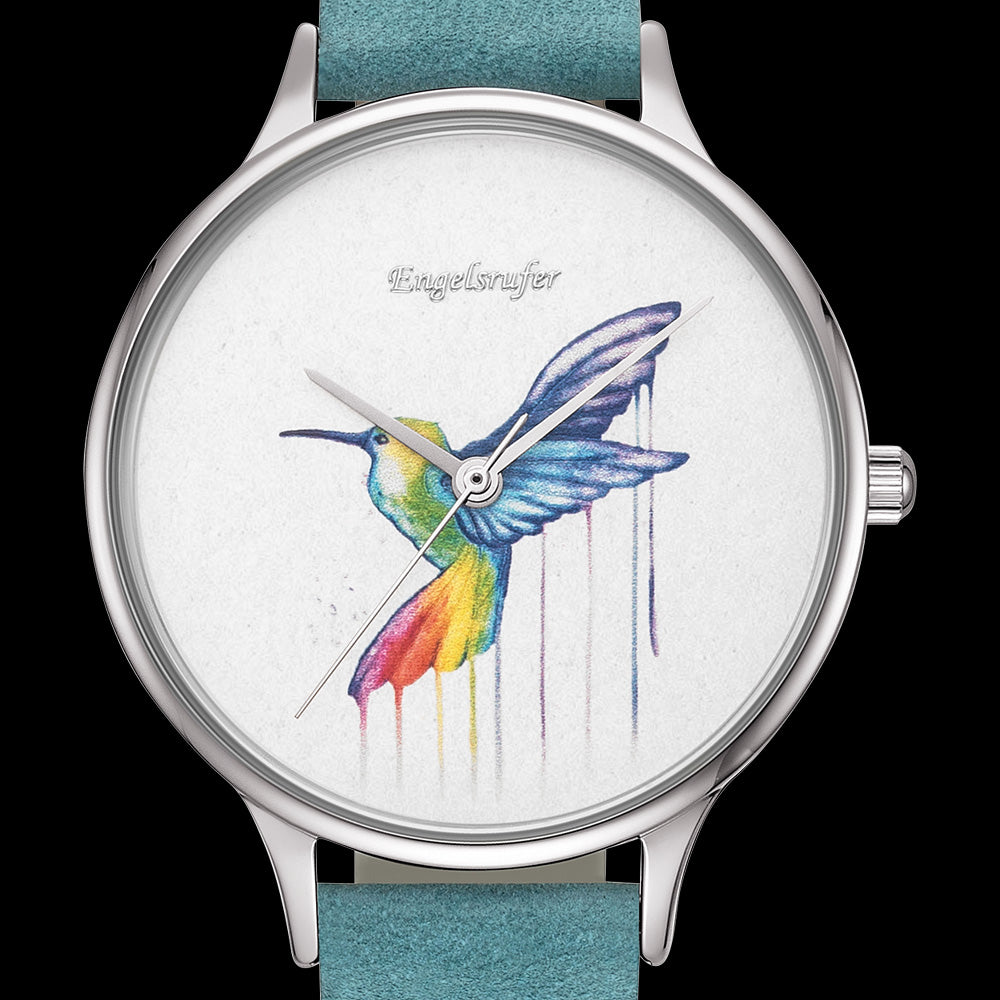 ENGELSRUFER HUMMINGBIRD PARADISE BLUE LEATHER WATCH - DIAL CLOSE-UP