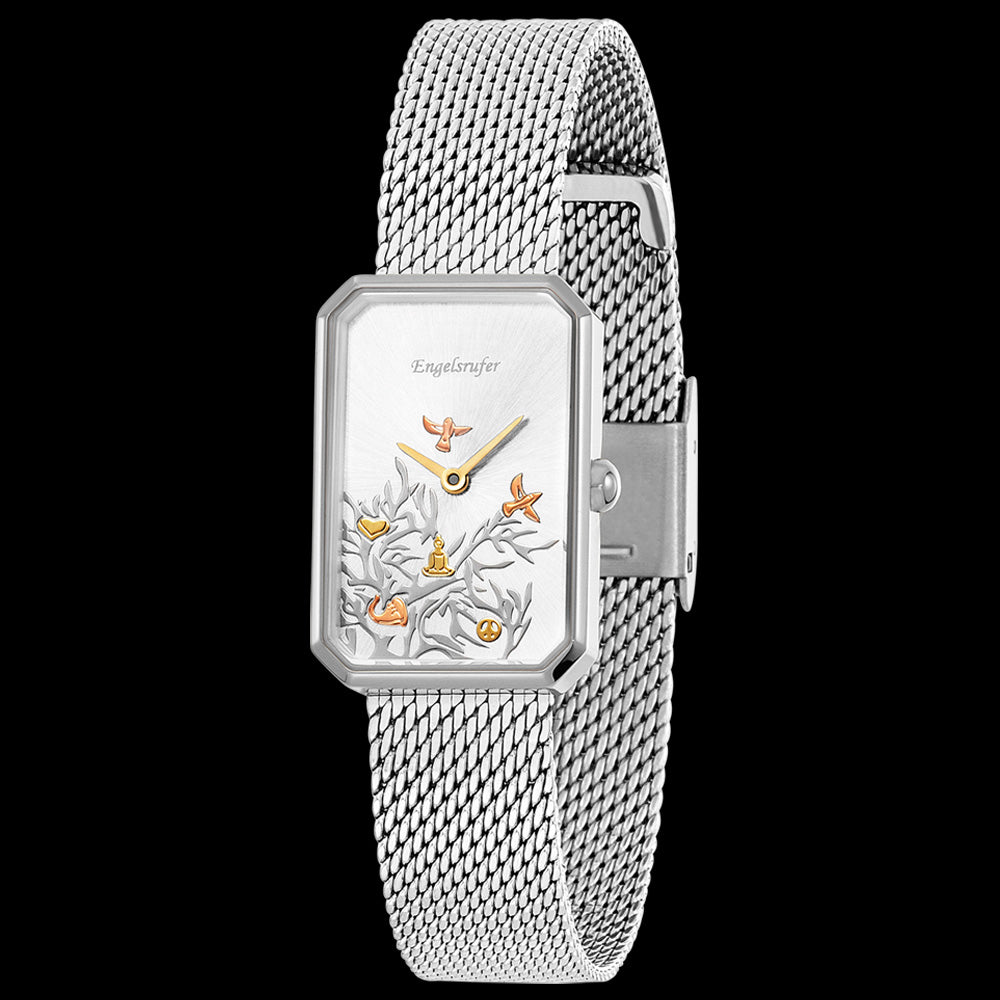 ENGELSRUFER TREE OF LIFE OBLONG SILVER MESH WATCH - ANGLE VIEW