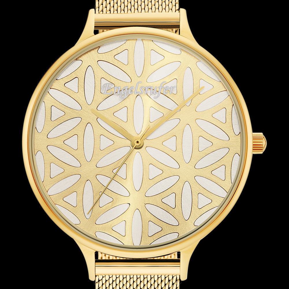 ENGELSRUFER FLOWER OF LIFE GOLD MESH WATCH - DIAL CLOSE-UP