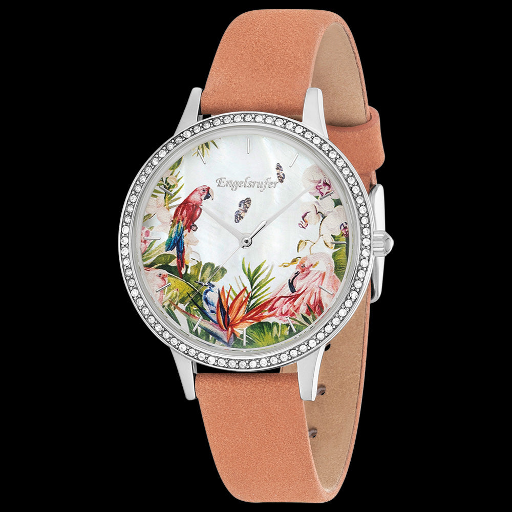 ENGELSRUFER PARADISE SILVER CZ SURROUND INTERCHANGEABLE WATCH - ANGLE VIEW LEATHER BAND