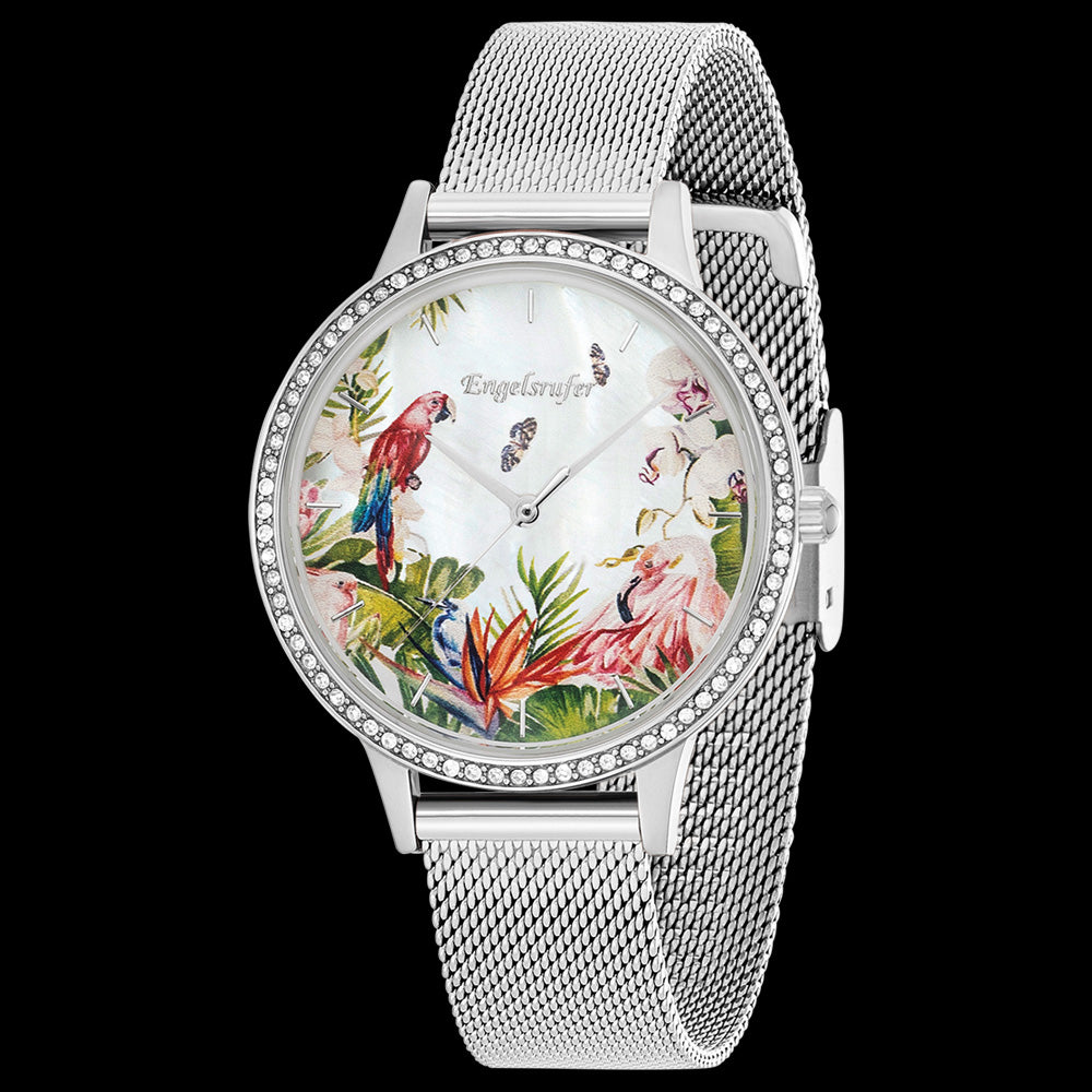 ENGELSRUFER PARADISE SILVER CZ SURROUND INTERCHANGEABLE WATCH - ANGLE VIEW MESH BAND