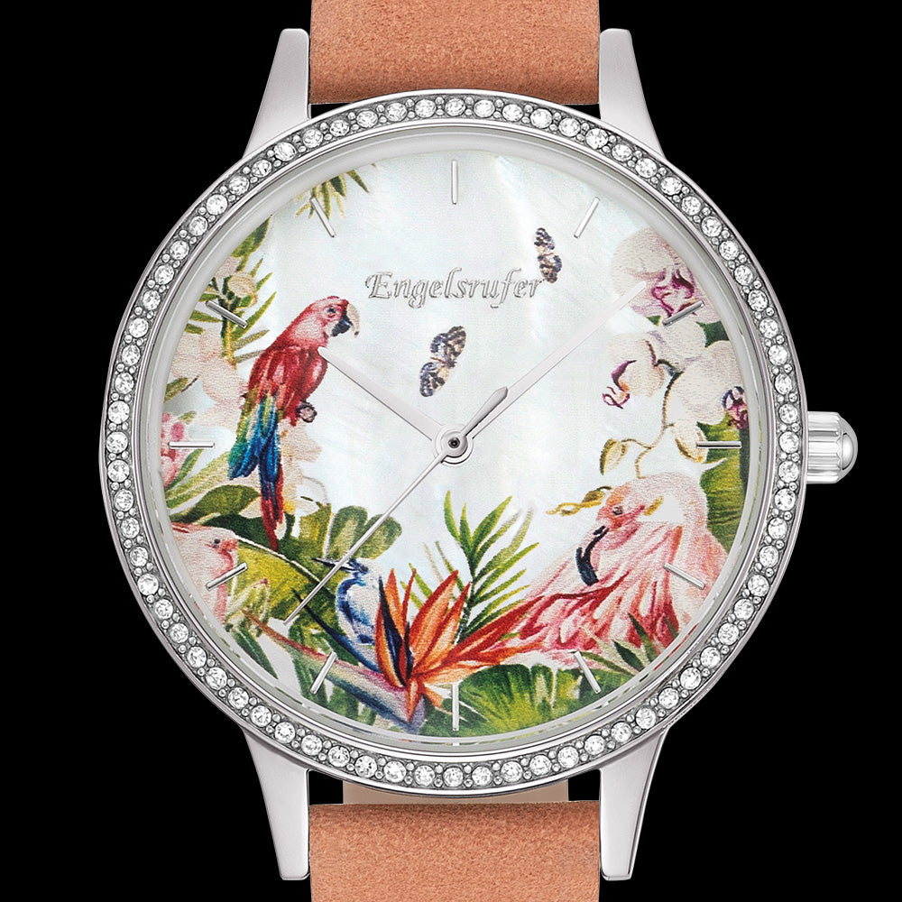 ENGELSRUFER PARADISE SILVER CZ SURROUND INTERCHANGEABLE WATCH - DIAL CLOSE-UP